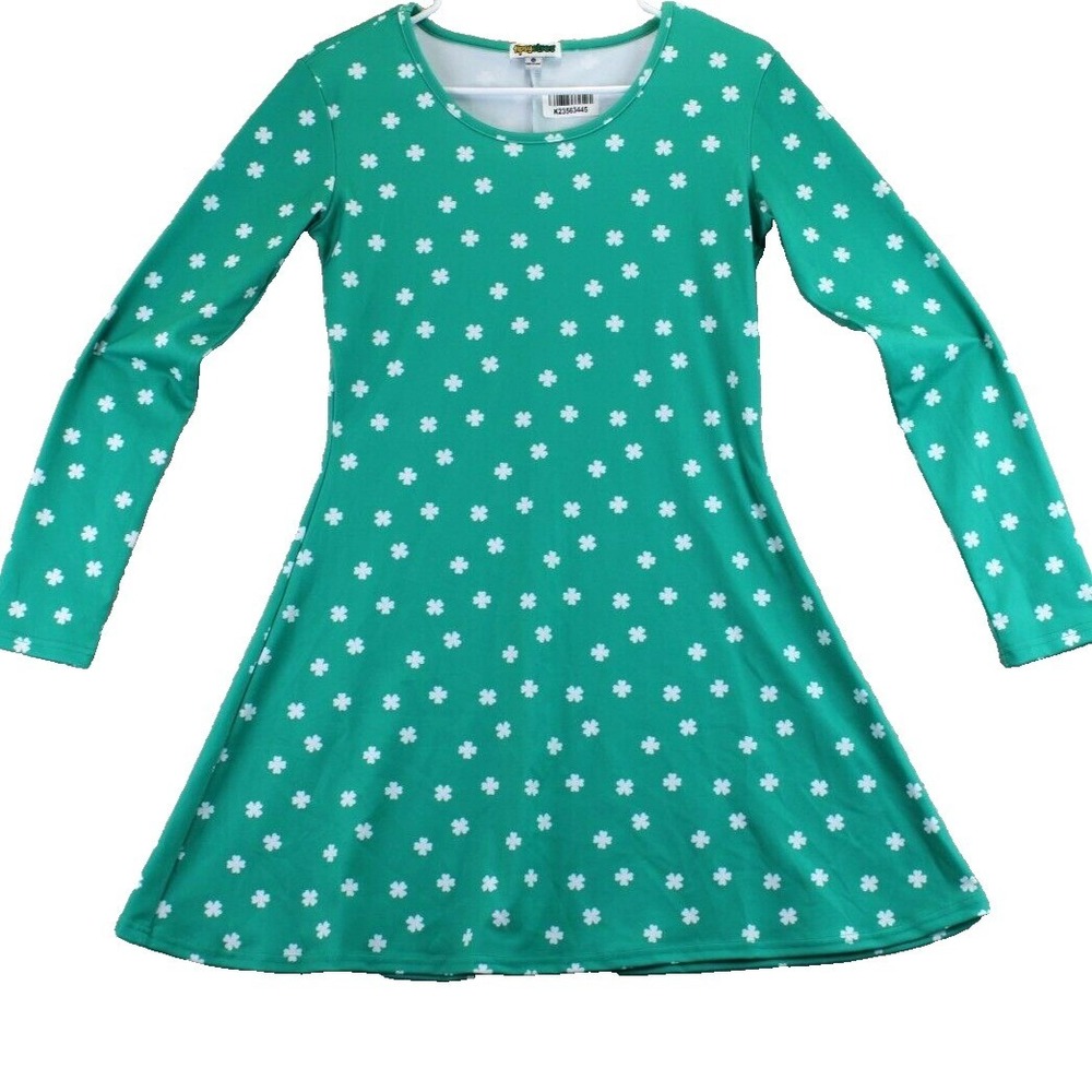Tipsy Elves Green Clover Print Long Sleeve A-Line Dress‎ XS St Patricks Day